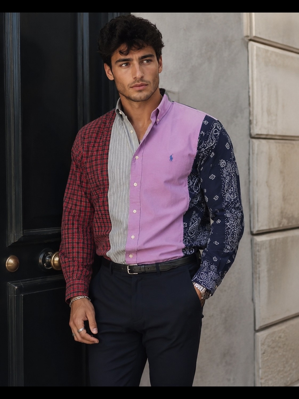 La Rocca-Ralph Lauren Men's Patchwork Button Up Shirt Colorblock Long Sleeve